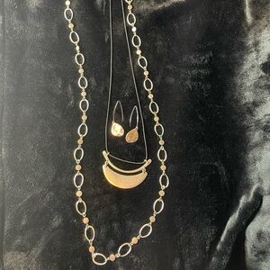 Silver chain and black cord with pendant necklace and matching earrings set